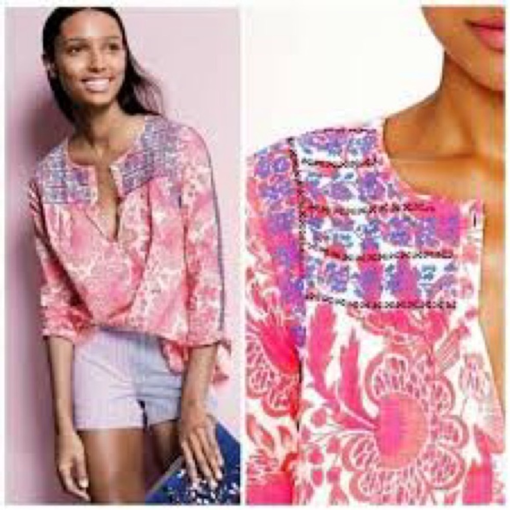J. Crew Pink Floral Embroidered Popover Blouse